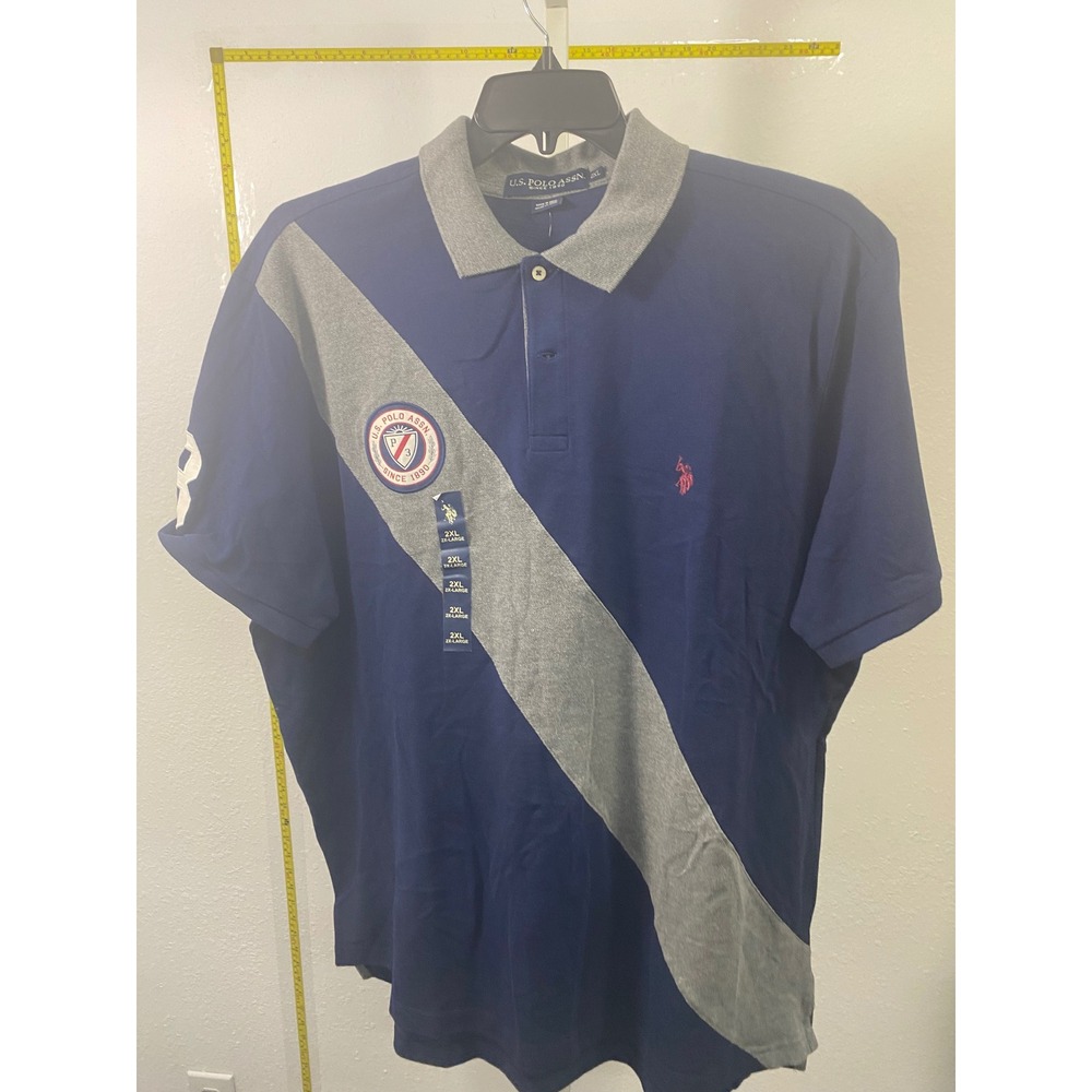 US Polo Assn Mens Polo Shirt 2XL Navy Blue Grey Diagonal Sash Crest 11C0363O
